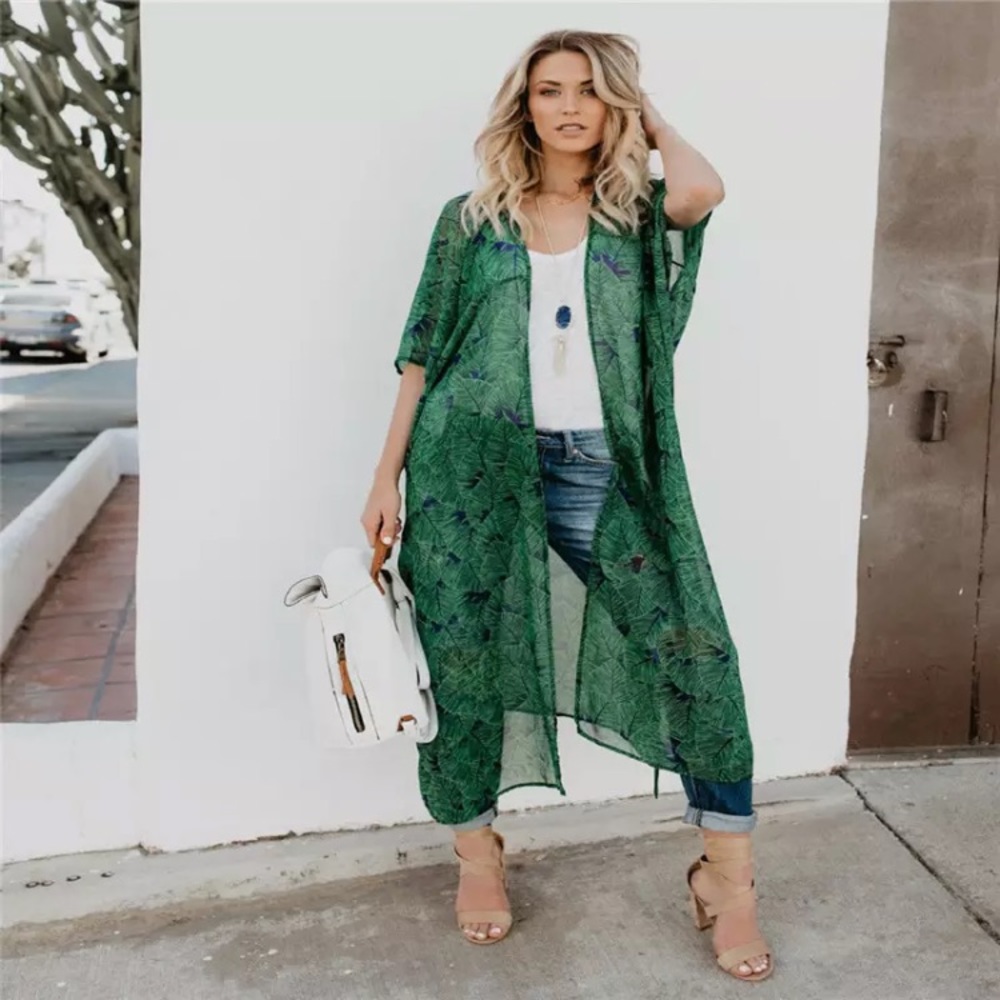 New! Green/Blue Leaf Kimono - Picture 2 of 6
